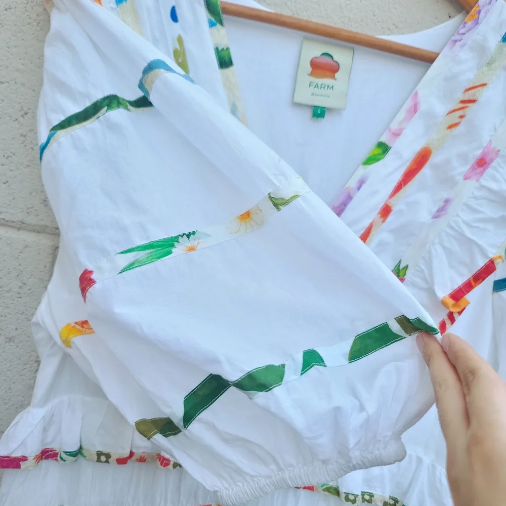 Farm Rio | Mixed Off-White Prints Midi Tiered Dress White Rainbow Size Large - Picture 6 of 14